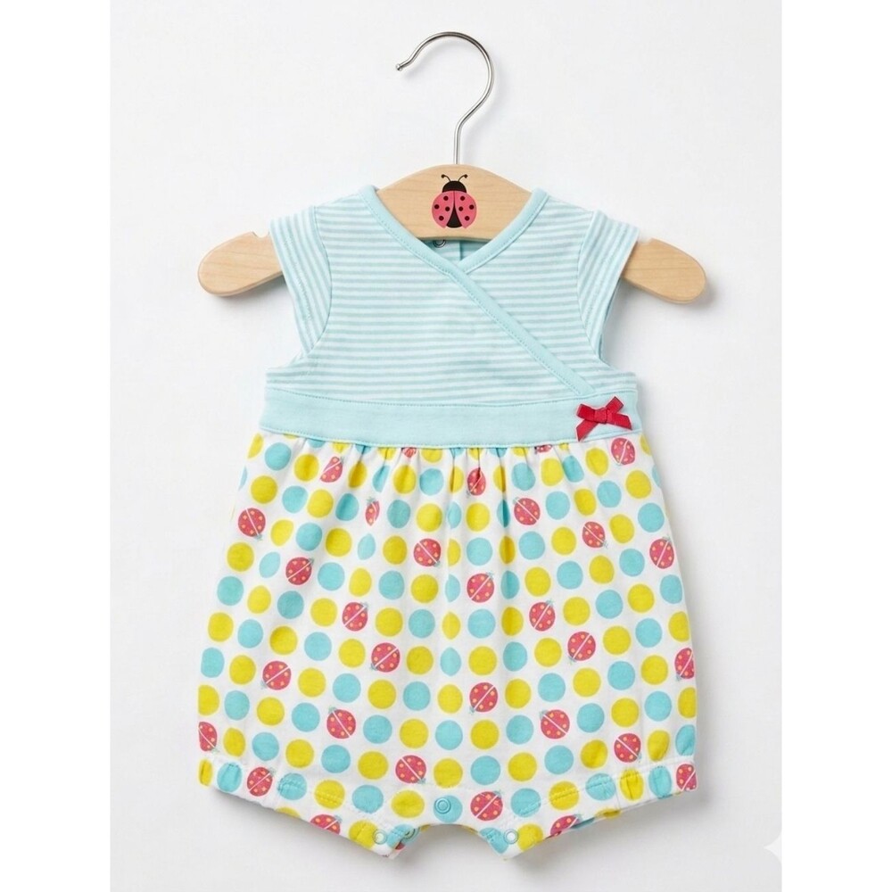 Offspring Baby Girls 6M Blue Striped Dotted Ladybug Graphic Romper